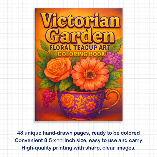 Victorian Garden – Teacup Flower Coloring Pages – 48 Vintage Floral Designs – For Adults