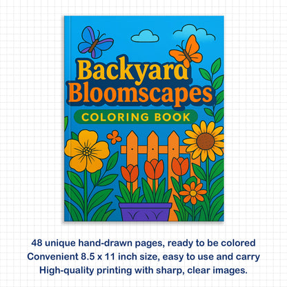 Backyard Bloomscapes – Flower Coloring Pages – 48 Pages – Cozy Gardens, Tulips, Roses, Birdhouses – For Adults