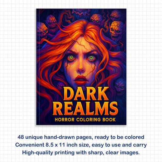 Dark Realms Coloring Pages – 48 Horror Illustrations – Creepy Faces, Gothic Monsters & Scary Worlds – For Adults