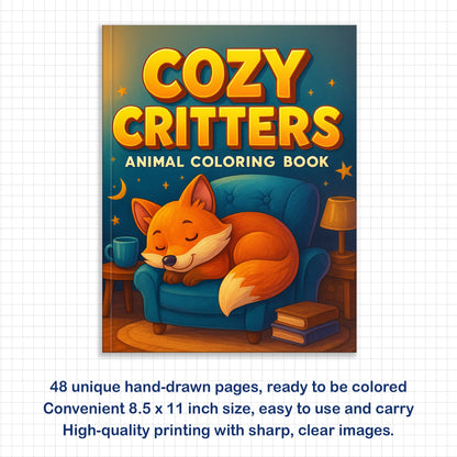 Cozy Critters Coloring Pages – 48 Pages – Cute Animals in Cozy Scenes – For Kids