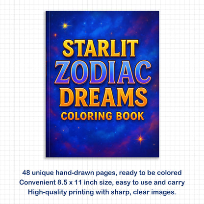 Starlit Zodiac Dreams Coloring Pages – 48 Pages – Moon, Stars & Horoscope Symbols for Adults