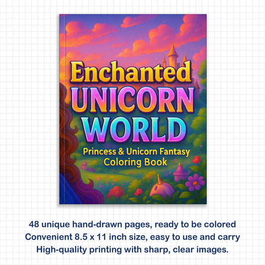 Enchanted Unicorn World Coloring Pages – 48 Pages – Magical Princess and Unicorn Fantasy – For Kids
