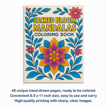 Sacred Bloom Mandalas – Mandala Coloring Pages – 48 Pages – Floral, Detailed, Stress Relief Designs – For Adults