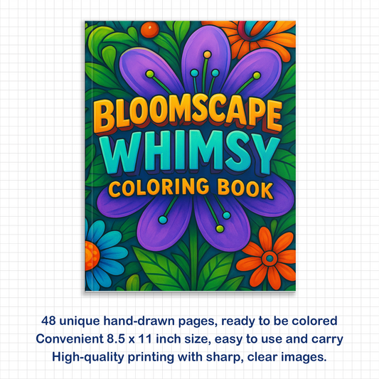 Bloomscape Whimsy – Flower Coloring Pages – 48 Pages – Bold, Decorative Floral Patterns – For Adults
