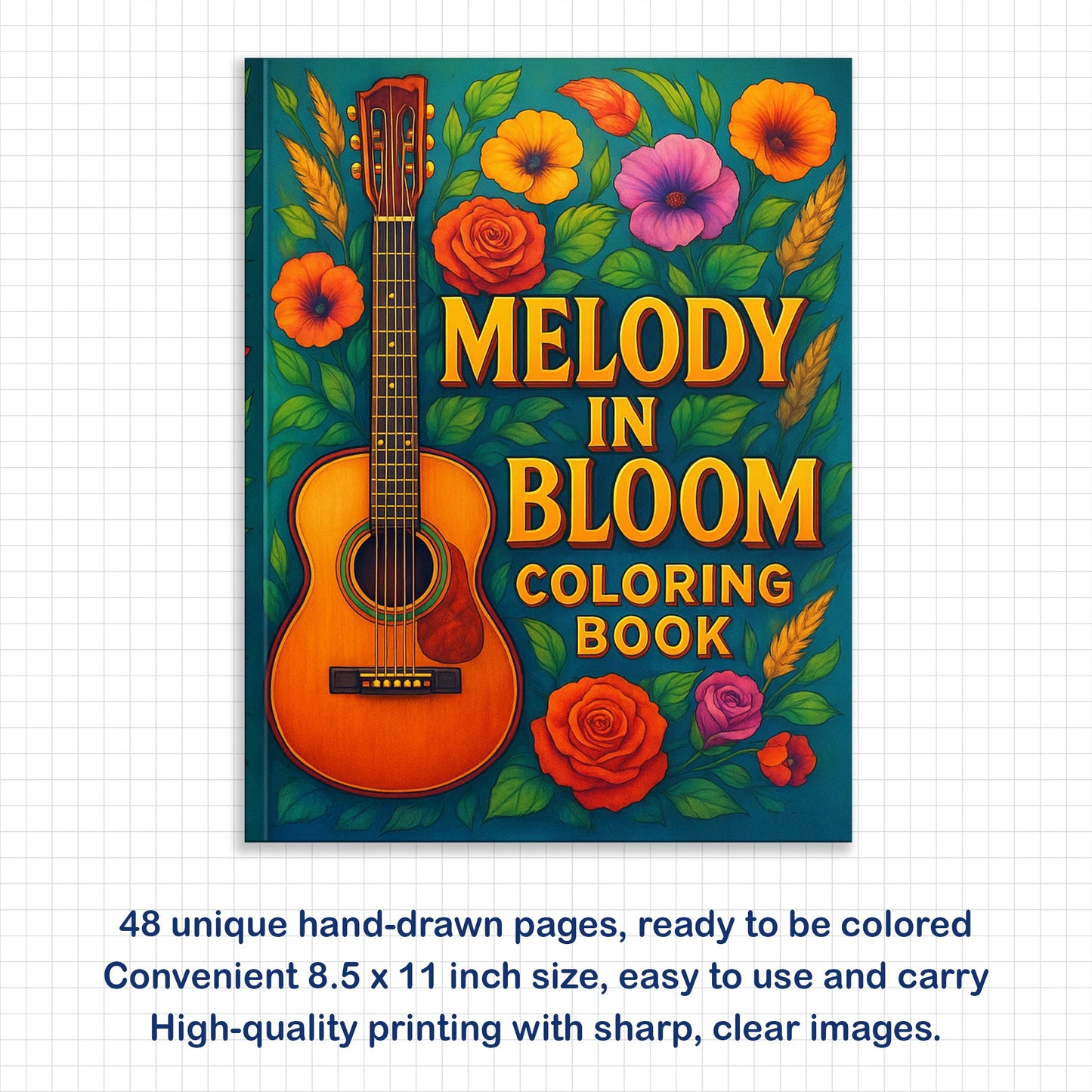 Melody in Bloom Coloring Pages – 48 Guitar and Flower Designs for Adults