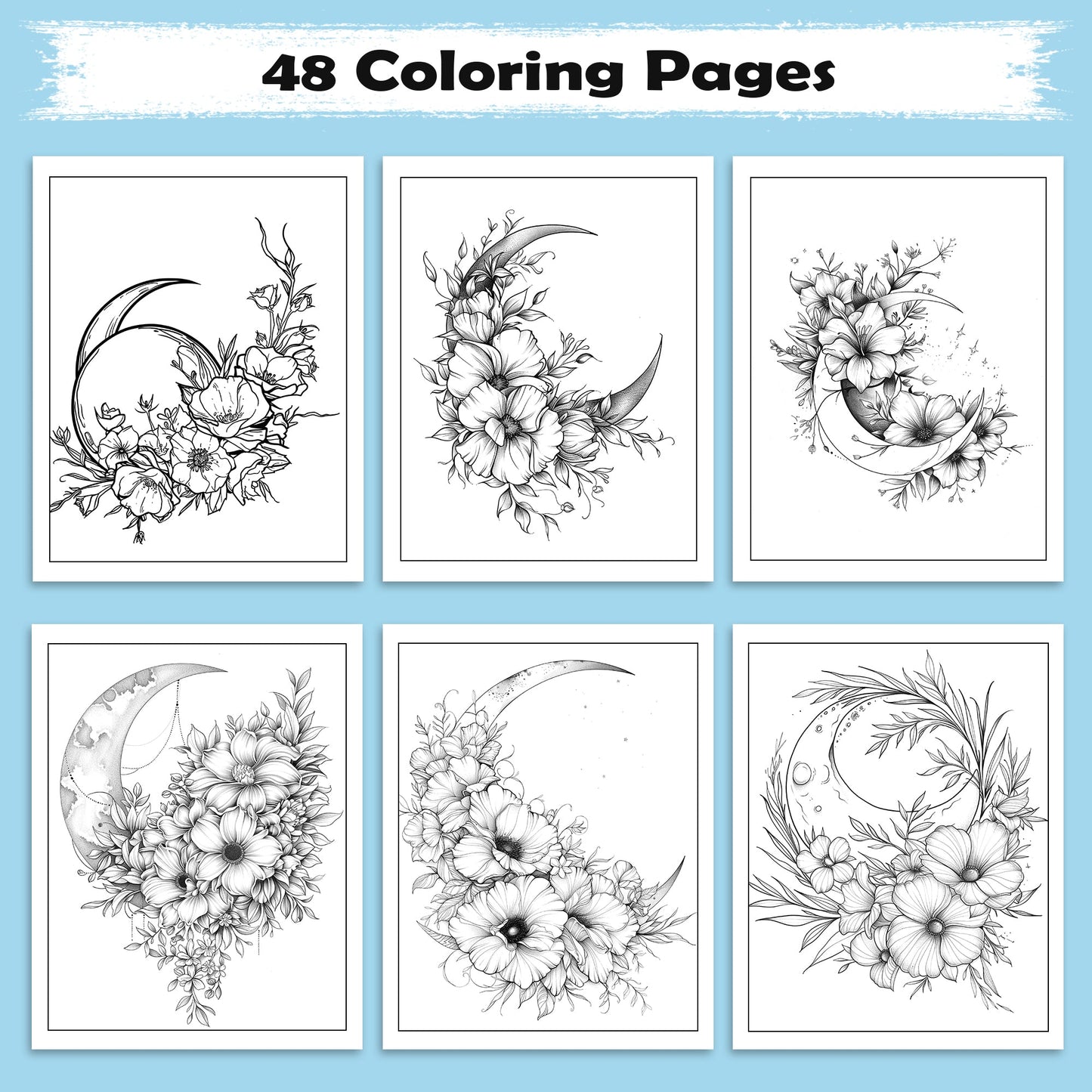 Midnight Blossoms Coloring Pages – 48 Pages – Enchanted Flowers, Starry Sky, Moonlit Scenes – For Adults