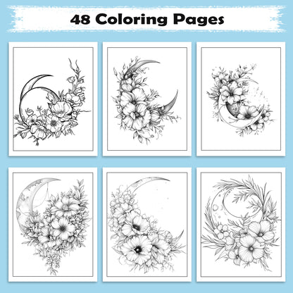 Midnight Blossoms Coloring Pages – 48 Pages – Enchanted Flowers, Starry Sky, Moonlit Scenes – For Adults