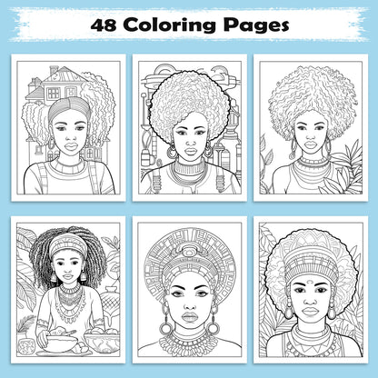 African Elegance Coloring Pages – 48 Pages – Beautiful Cultural Queens Portraits – For Adults