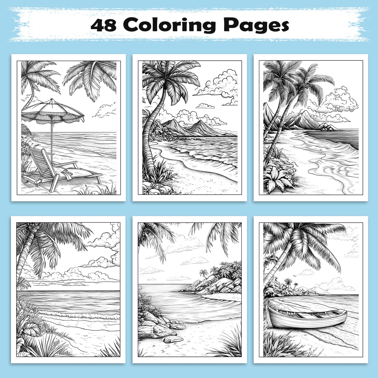 Tropical Calm Coloring Pages – 48 Peaceful Hawaii Coastline Illustrations for Adults