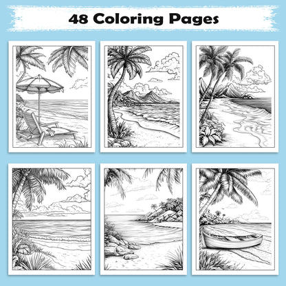 Tropical Calm Coloring Pages – 48 Peaceful Hawaii Coastline Illustrations for Adults