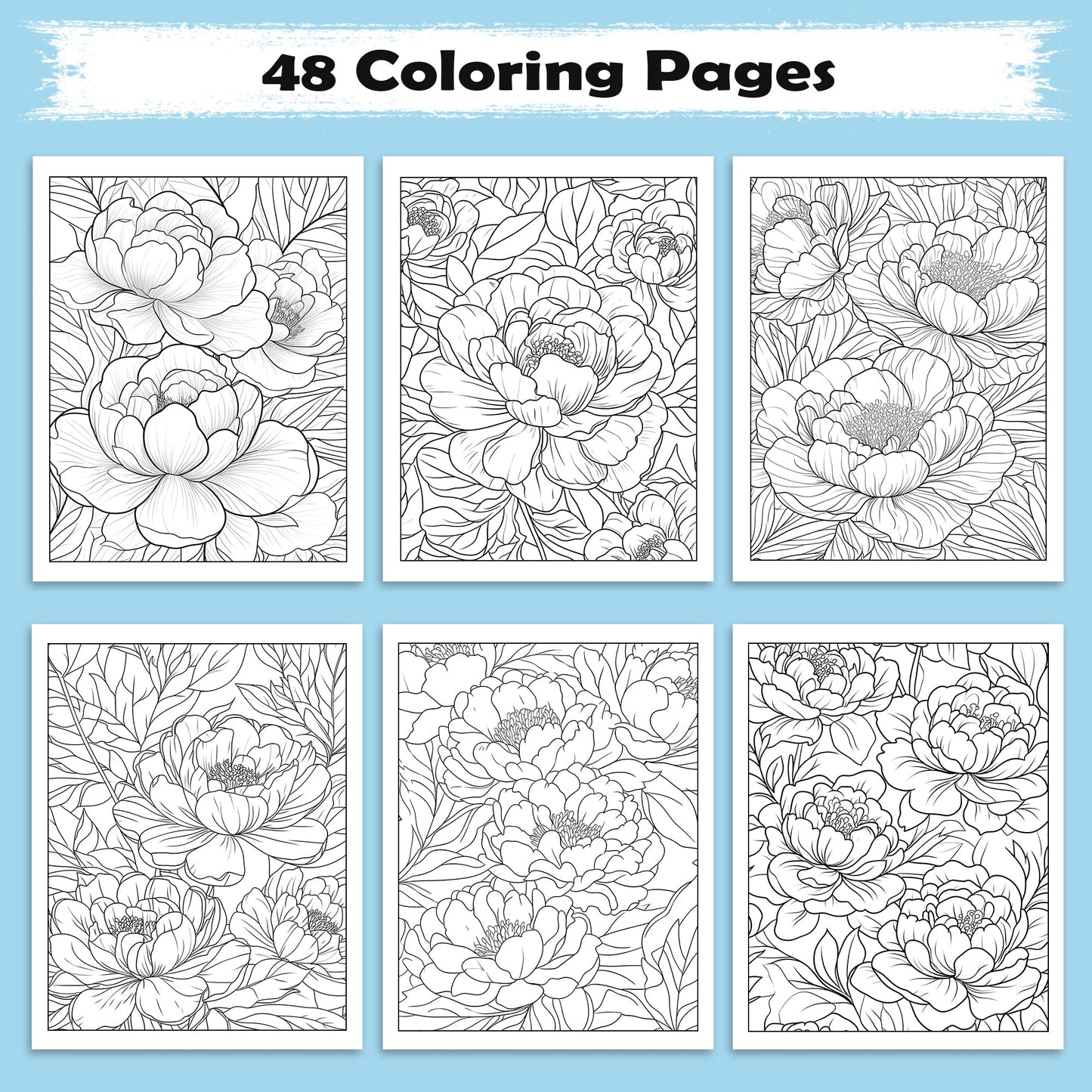 Peony Dreams Garden Coloring Pages – 48 Pages – Timeless Floral Art, Blooming Peonies, Graceful Designs – For Adults