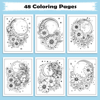 Moonlit Garden Dreams Coloring Pages – 48 Floral & Celestial Designs for Adults