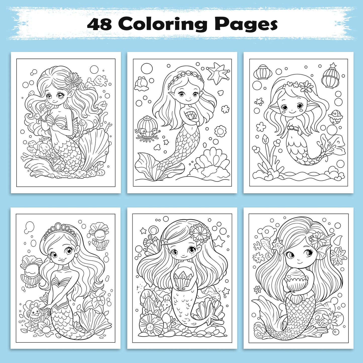 Kawaii Mermaid Magic Coloring Pages – 48 Pages – Cute Ocean, Mermaid, and Sea Life Designs – For Kids