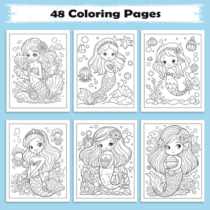 Kawaii Mermaid Magic Coloring Pages – 48 Pages – Cute Ocean, Mermaid, and Sea Life Designs – For Kids