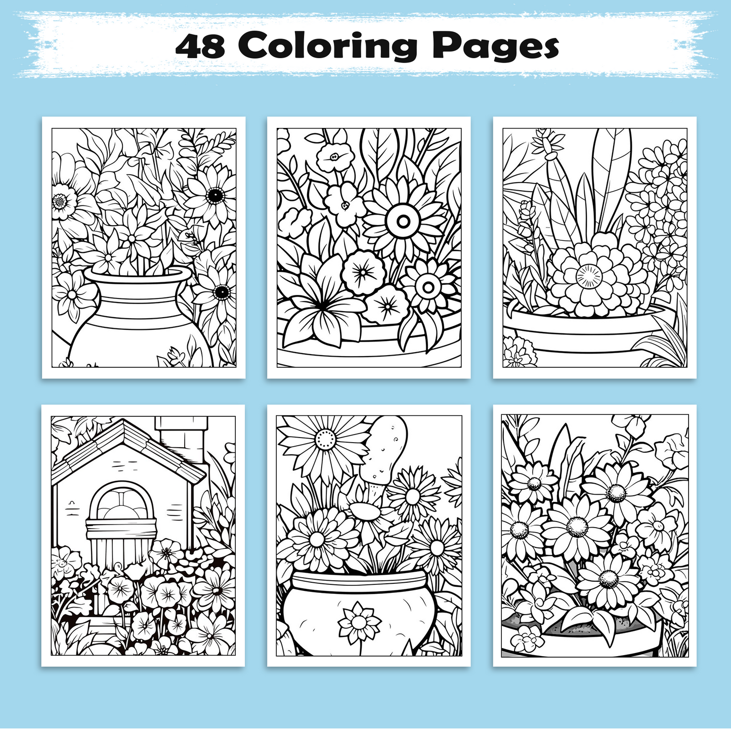 Potted Blooms – Flower Pot Coloring Pages – 48 Pages – Whimsical, Botanical, Easy-to-Color Designs – For Adults