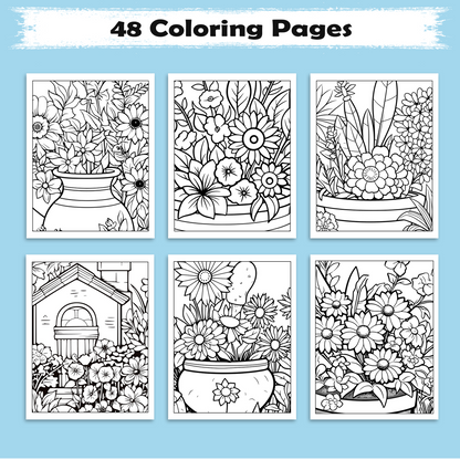 Potted Blooms – Flower Pot Coloring Pages – 48 Pages – Whimsical, Botanical, Easy-to-Color Designs – For Adults