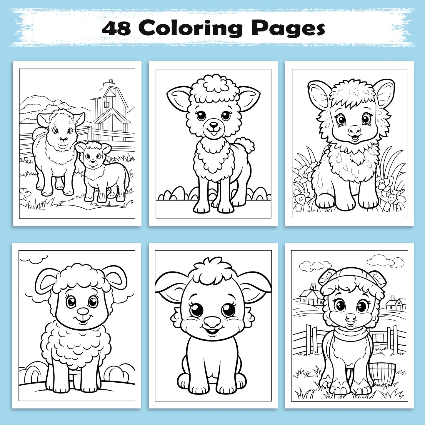 Happy Farm Friends Animal Coloring Pages – 48 Pages – Cute Baby Animals, Farm Scenes – For Kids