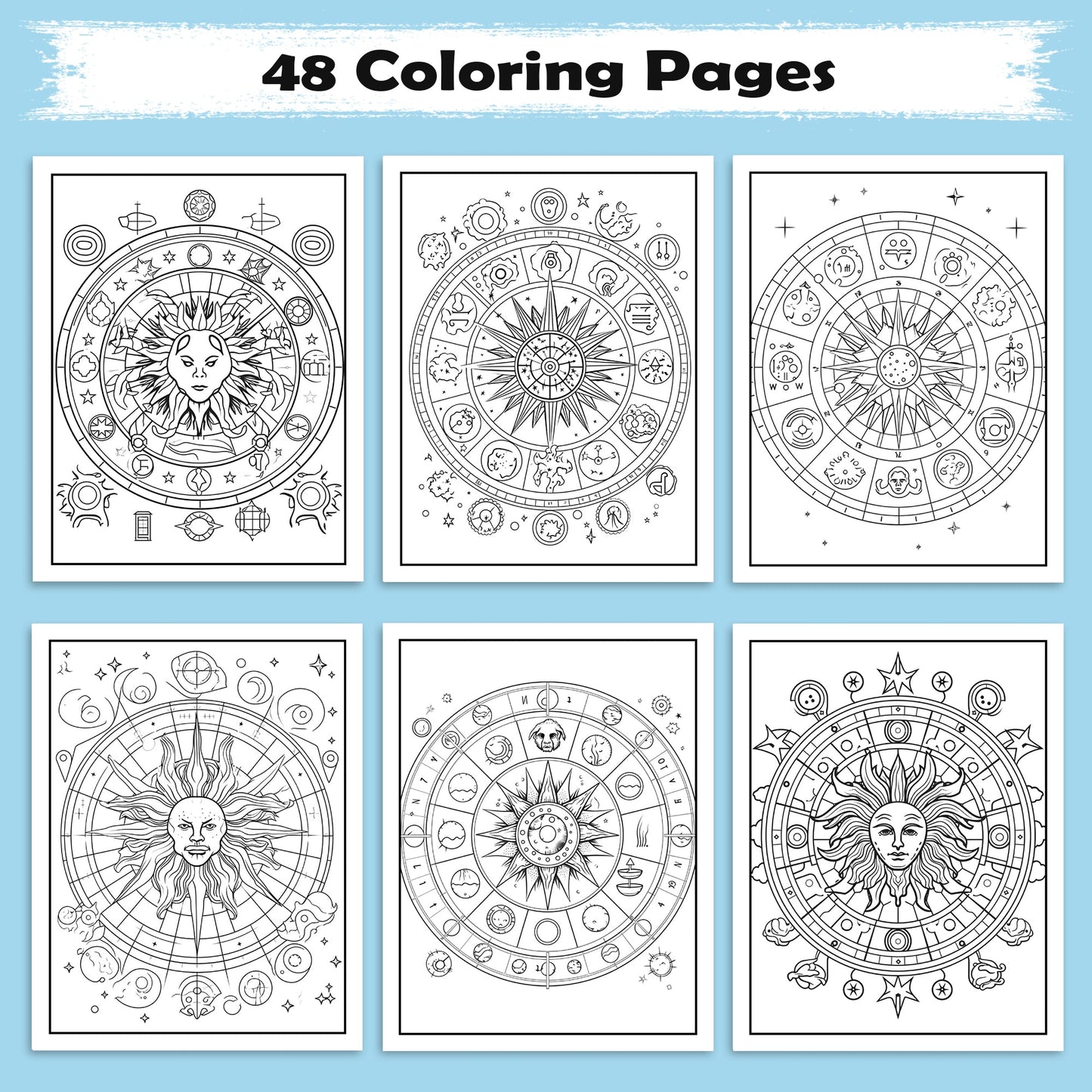 Zodiac Harmony Coloring Pages – 48 Pages – 12 Star Signs, Celestial Art, Spiritual Vibes – For Adults