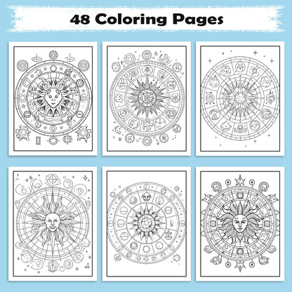Zodiac Harmony Coloring Pages – 48 Pages – 12 Star Signs, Celestial Art, Spiritual Vibes – For Adults
