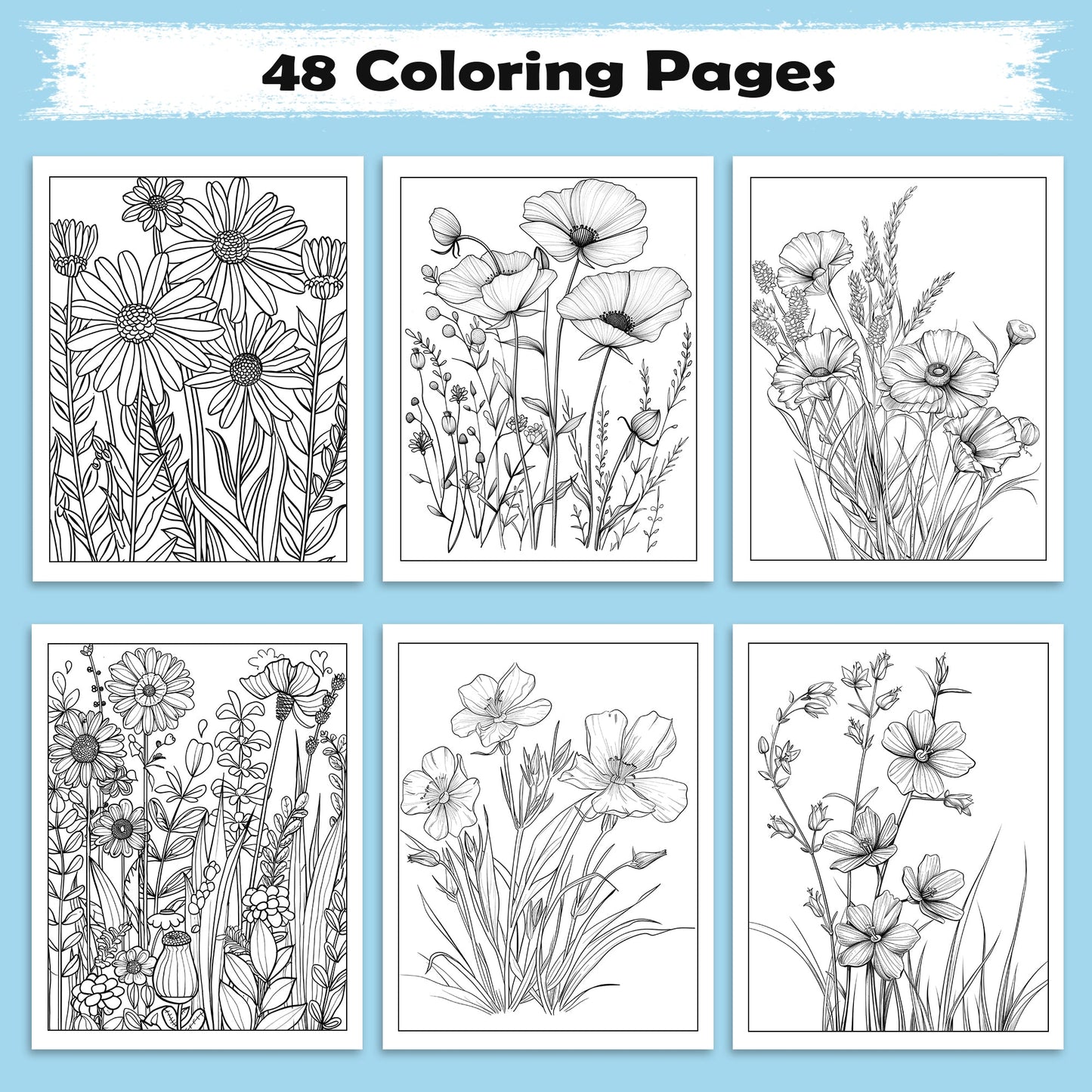 Wild Meadow Blooms Coloring Pages – 48 Elegant Floral Designs for Adults