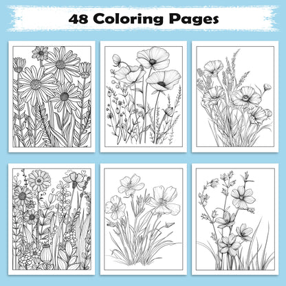 Wild Meadow Blooms Coloring Pages – 48 Elegant Floral Designs for Adults