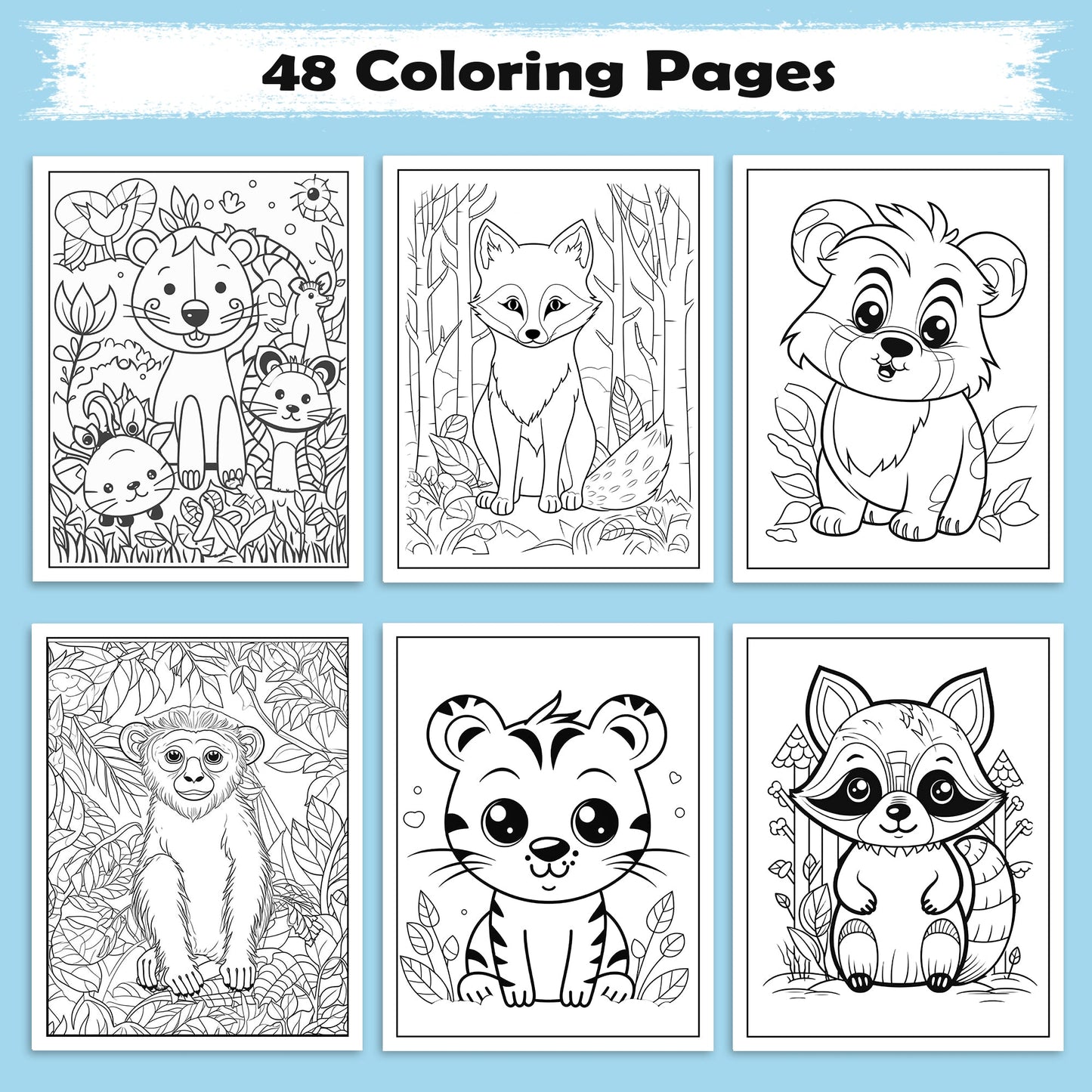 Jungle Friends – Animal Coloring Pages – 48 Pages – Cute Forest Wildlife – For Kids