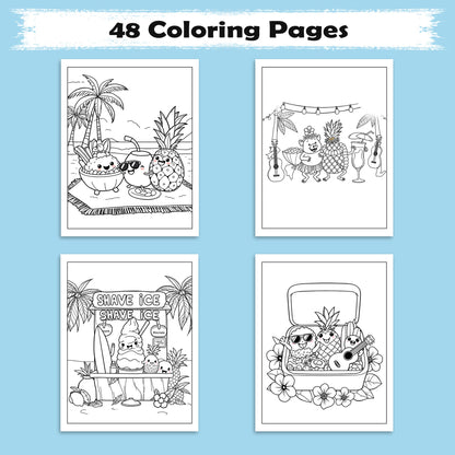 Kawaii Hawaii Treats Coloring Pages – 48 Cute Tropical Snack Illustrations for Kids