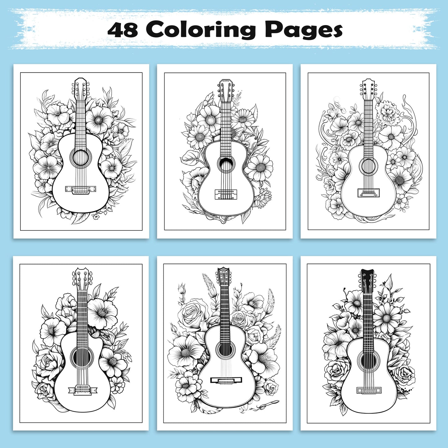 Melody in Bloom Coloring Pages – 48 Guitar and Flower Designs for Adults