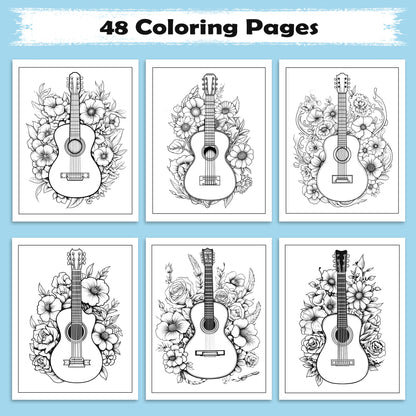 Melody in Bloom Coloring Pages – 48 Guitar and Flower Designs for Adults