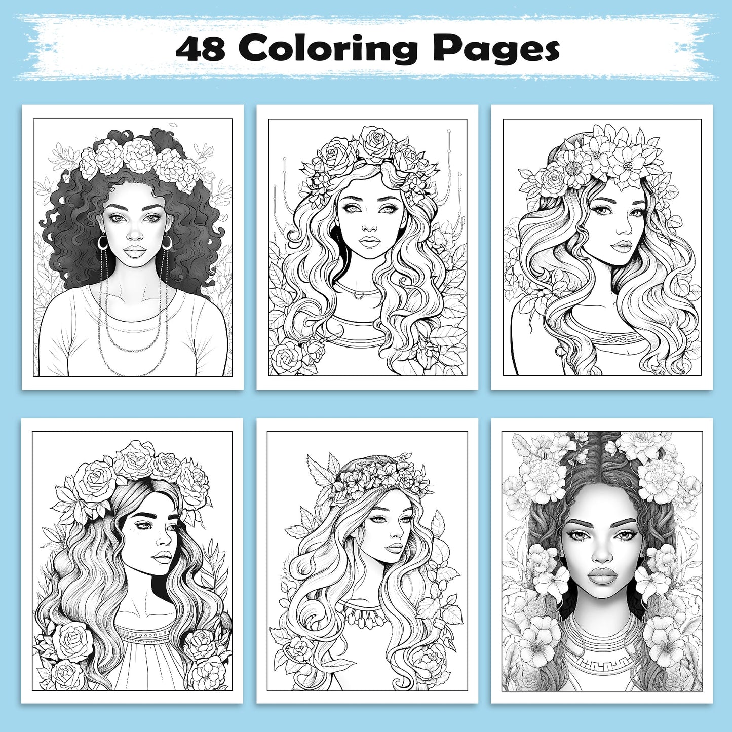 Blossom Queens Coloring Pages – 48 Floral Portraits of Black Women for Adults