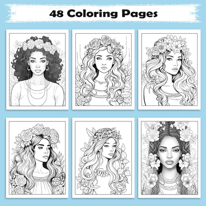 Blossom Queens Coloring Pages – 48 Floral Portraits of Black Women for Adults