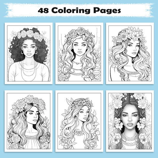 Blossom Queens Coloring Pages – 48 Floral Portraits of Black Women for Adults