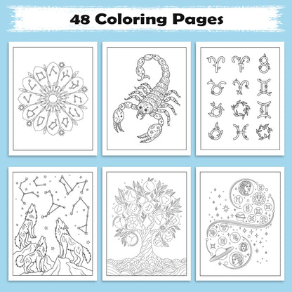 Cosmic Zodiac Coloring Pages – 48 Detailed Horoscope & Planet Artworks – For Adults