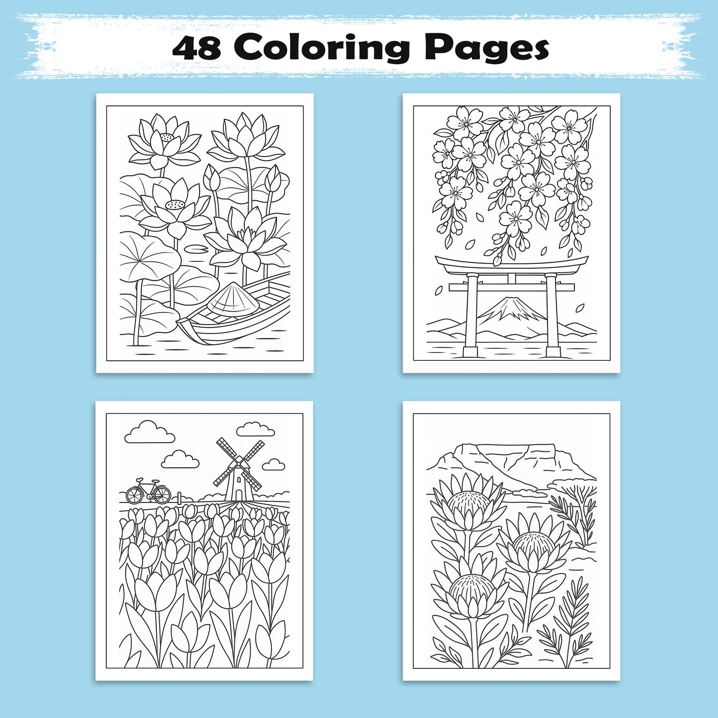 Global Blooms – Flower Coloring Pages – 48 Pages – Iconic Blossoms from Japan, Vietnam, Holland & More – For Adults