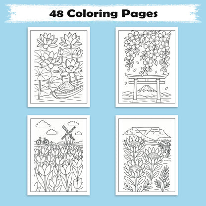 Global Blooms – Flower Coloring Pages – 48 Pages – Iconic Blossoms from Japan, Vietnam, Holland & More – For Adults