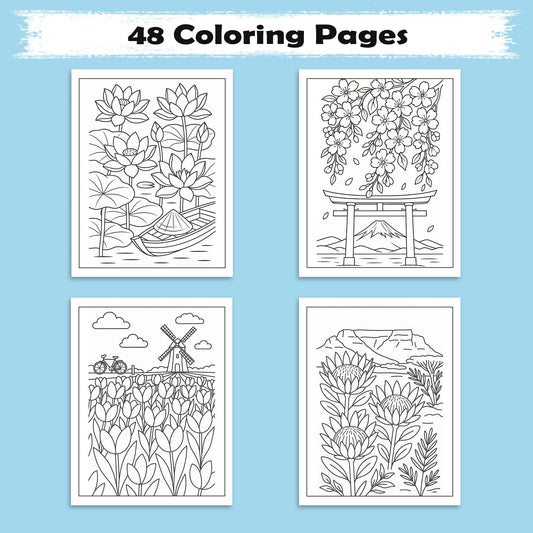 Global Blooms – Flower Coloring Pages – 48 Pages – Iconic Blossoms from Japan, Vietnam, Holland & More – For Adults