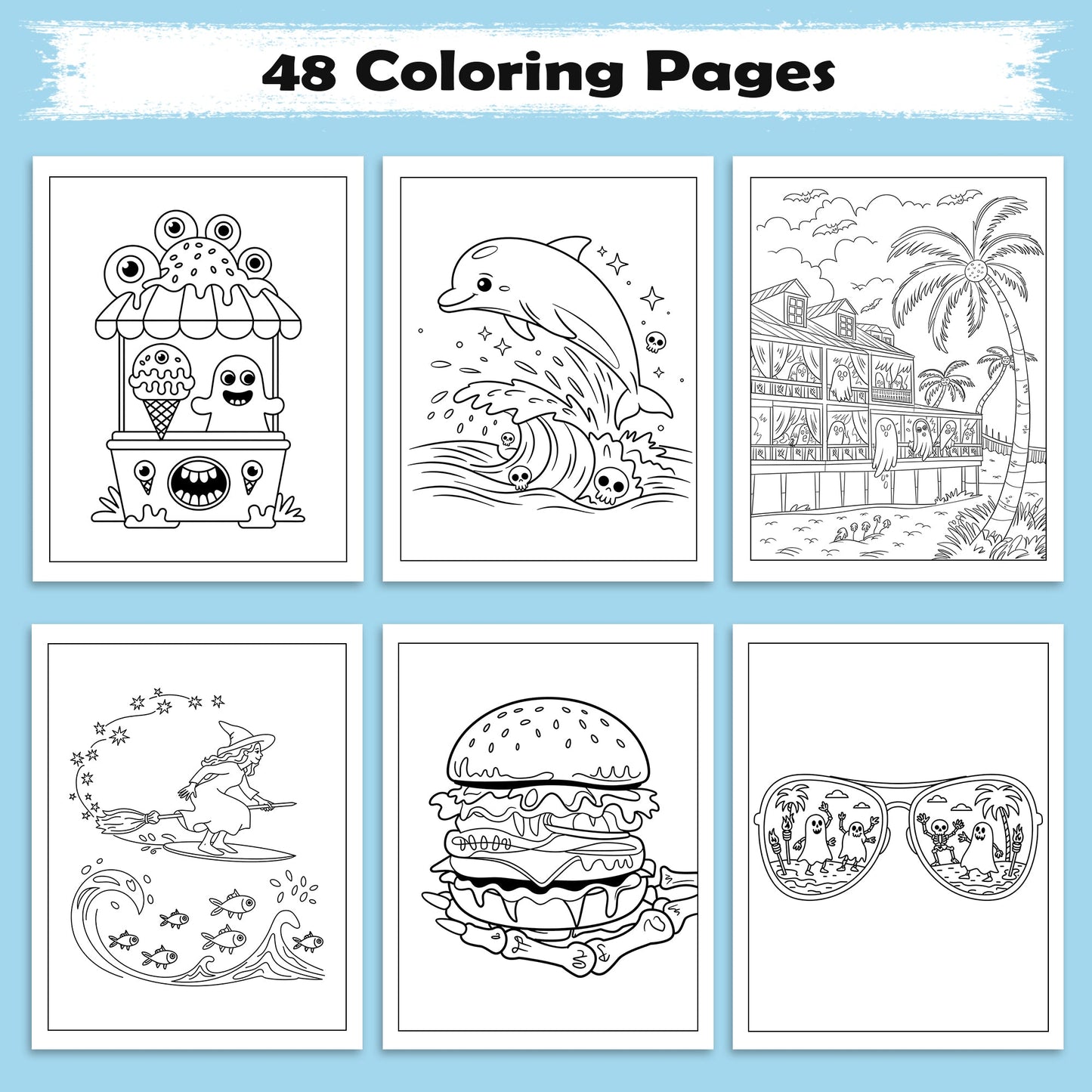 Spooky Tropics Coloring Pages – 48 Haunted Beach & Ghost Designs – For Kids