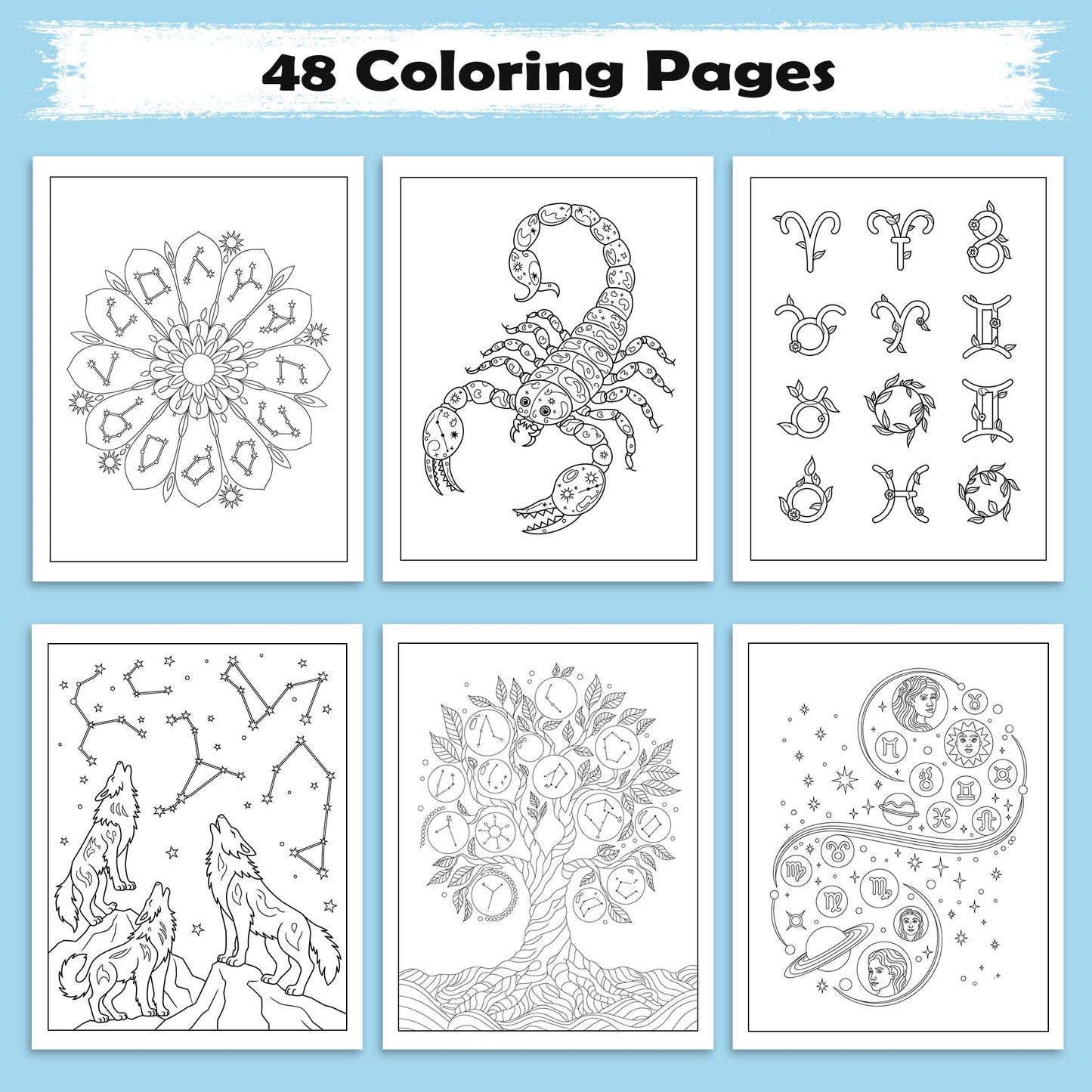 Zodiac Garden Coloring Pages – 48 Pages – A Whimsical Astrology Coloring Book – For Adults
