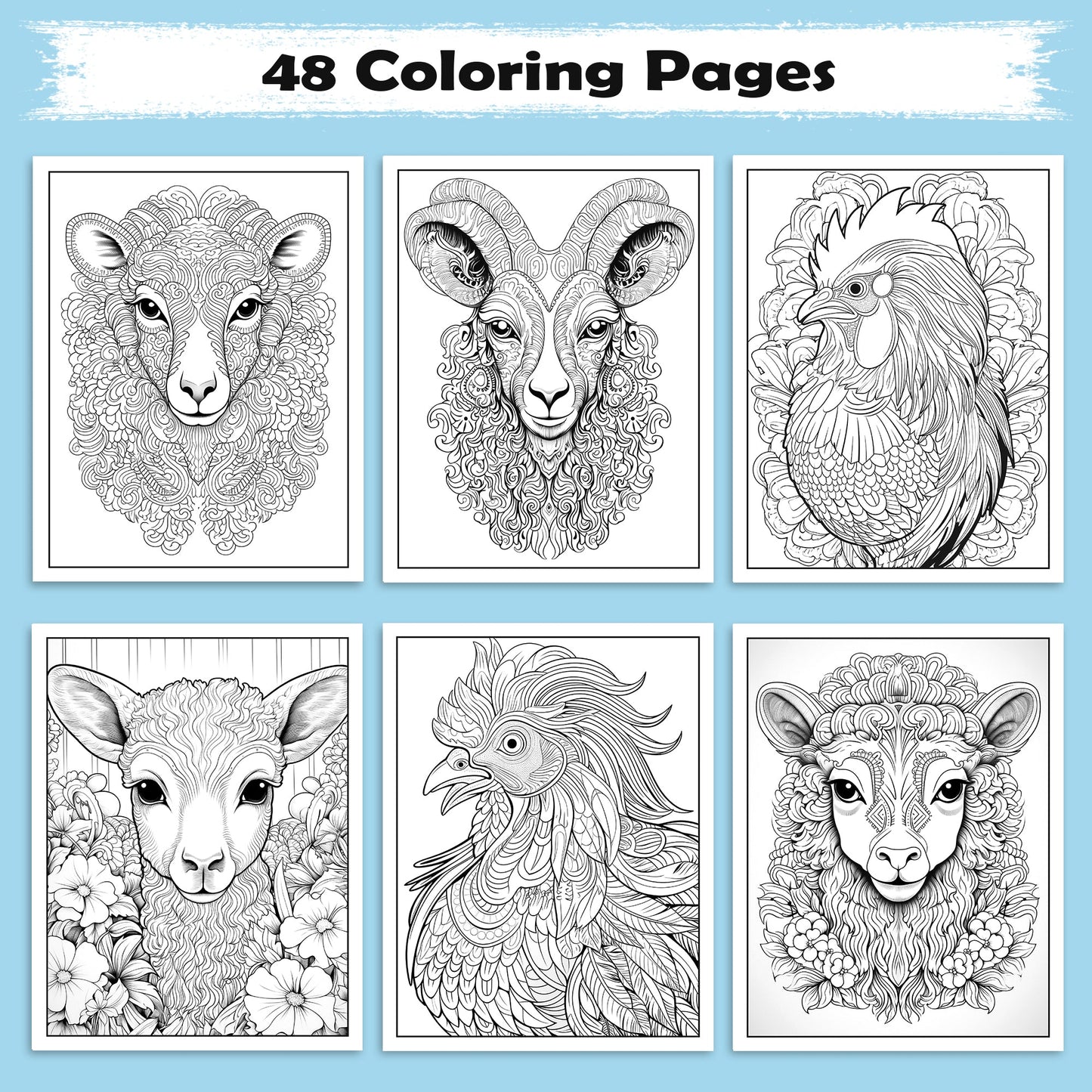 Mystic Horns Mandala Coloring Pages – 48 Intricate Animal Designs for Adults