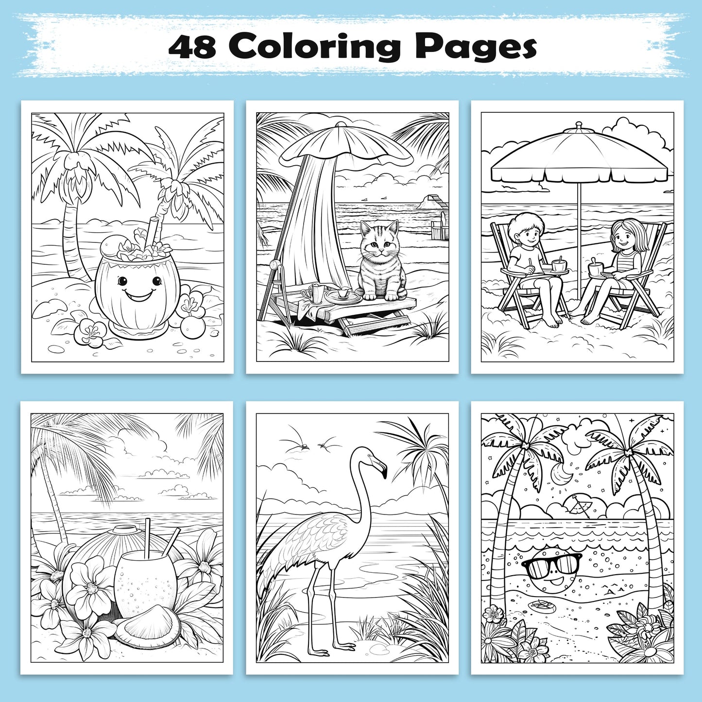 Tropical Whispers of Hawaii Coloring Pages – 48 Serene Island Scenes with Flamingos, Coconuts, and Cats – For Adults