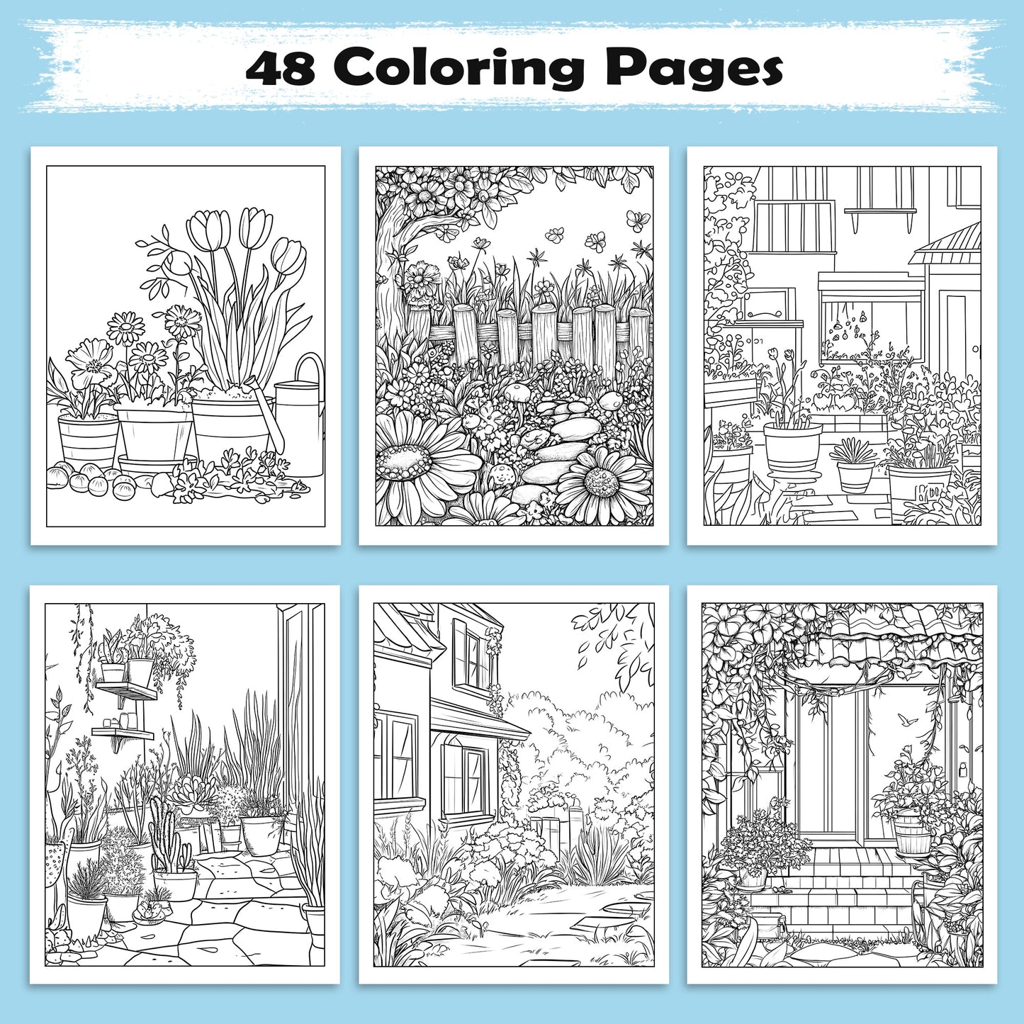 Blooming Garden Paths Coloring Pages– 48 Pages – Beautiful Flowers, Stone Paths, Wooden Fence – For Adults