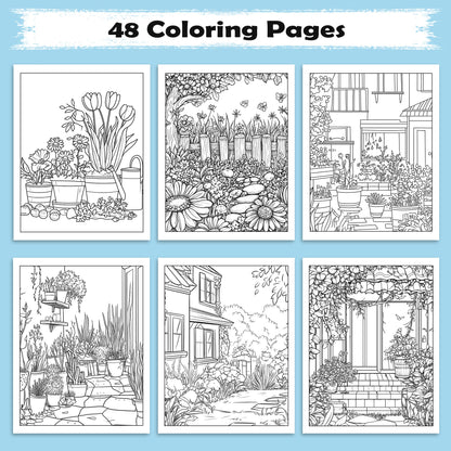 Blooming Garden Paths Coloring Pages– 48 Pages – Beautiful Flowers, Stone Paths, Wooden Fence – For Adults