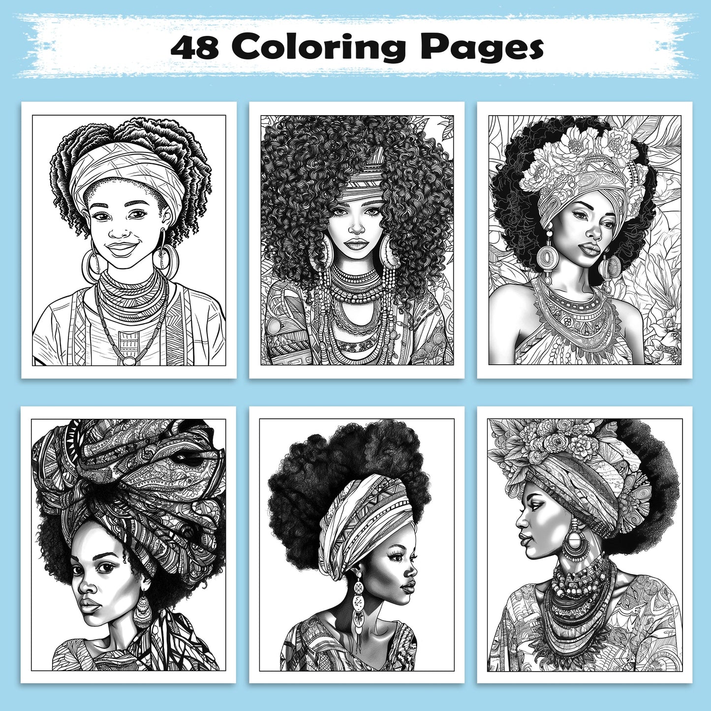 Black Beauty Blooms Coloring Pages – 48 Elegant Portraits of Black Girls for Adults