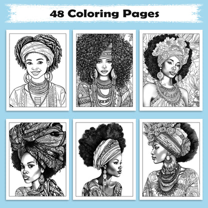 Black Beauty Blooms Coloring Pages – 48 Elegant Portraits of Black Girls for Adults