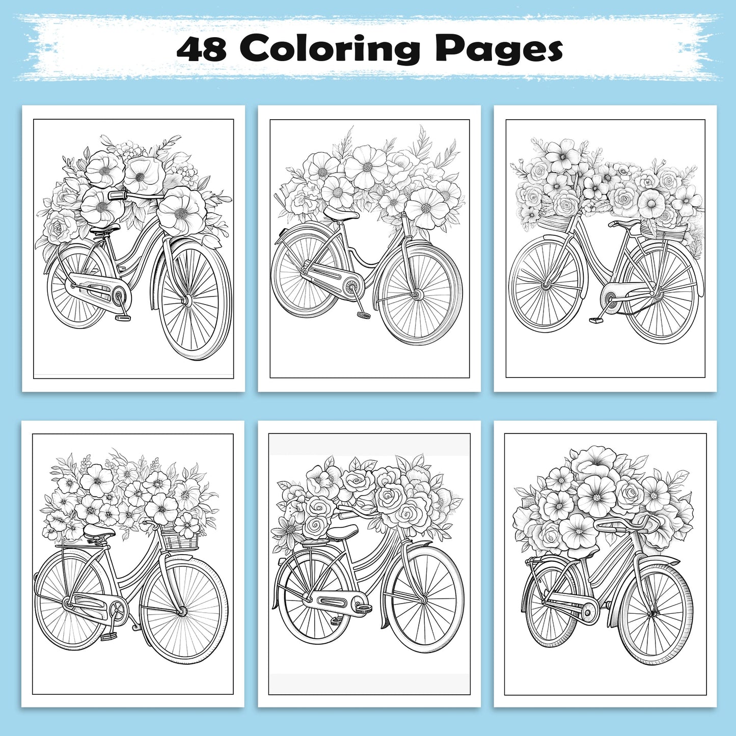 Bicycle Blossoms Coloring Pages – 48 Beautiful Bike & Floral Sheets – For Adults