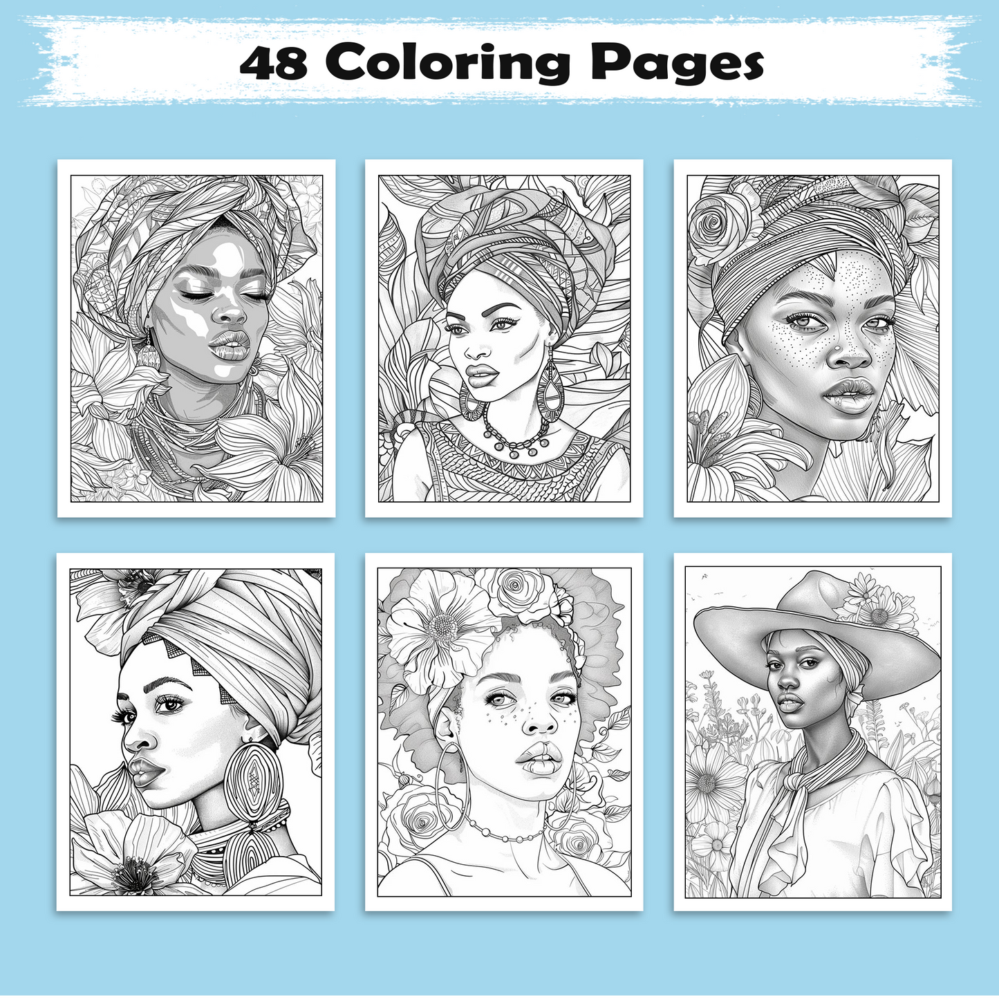 Crowned in Culture Coloring Pages – 48 Pages – African-Inspired Fashion & Natural Beauty for Adults