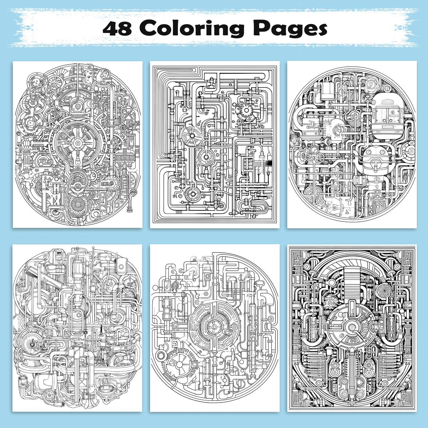Gears and Pipes Mandala Coloring Pages – 48 Steampunk Machine Patterns for Adults