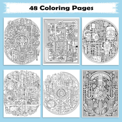 Gears and Pipes Mandala Coloring Pages – 48 Steampunk Machine Patterns for Adults
