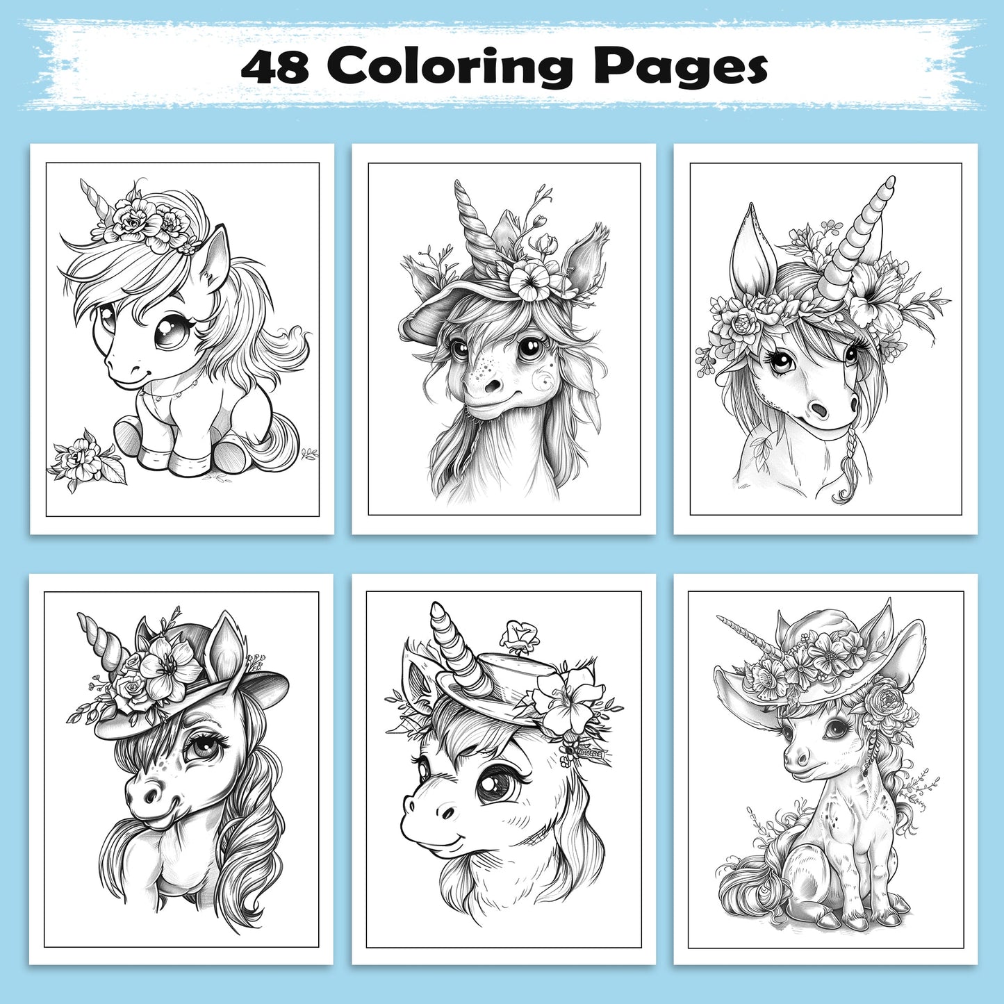 Unicorn Friends in Bloom Coloring Pages – 48 Playful and Kid-Friendly Illustrations