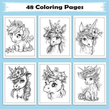 Unicorn Friends in Bloom Coloring Pages – 48 Playful and Kid-Friendly Illustrations